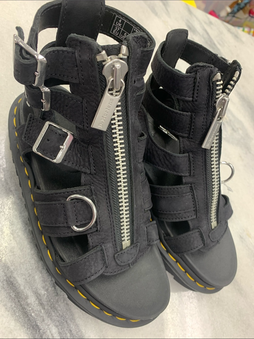 Dr. Martens Black Leather Gladiator Sandals with Yellow Stitching - Picture 6 of 7
